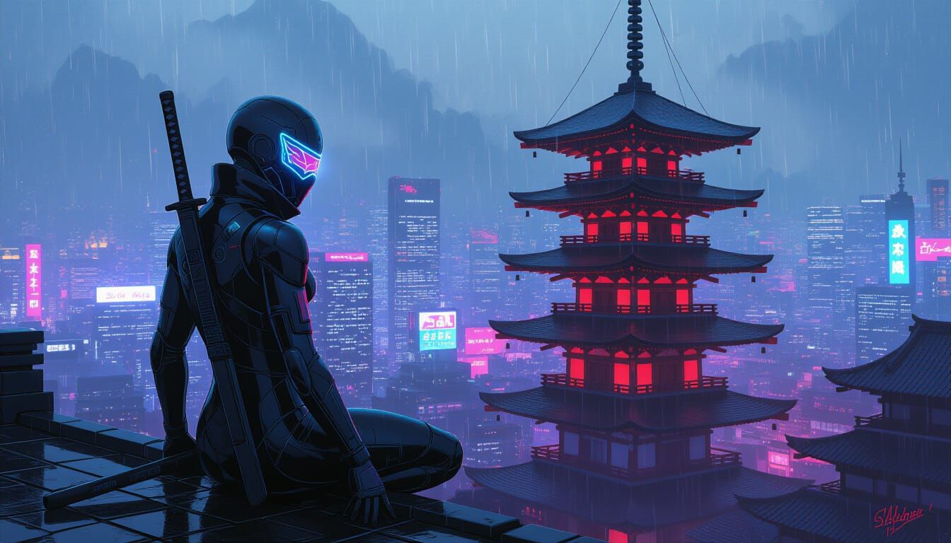 Cyberpunk Ninja on Pagoda in Neon Metropolis