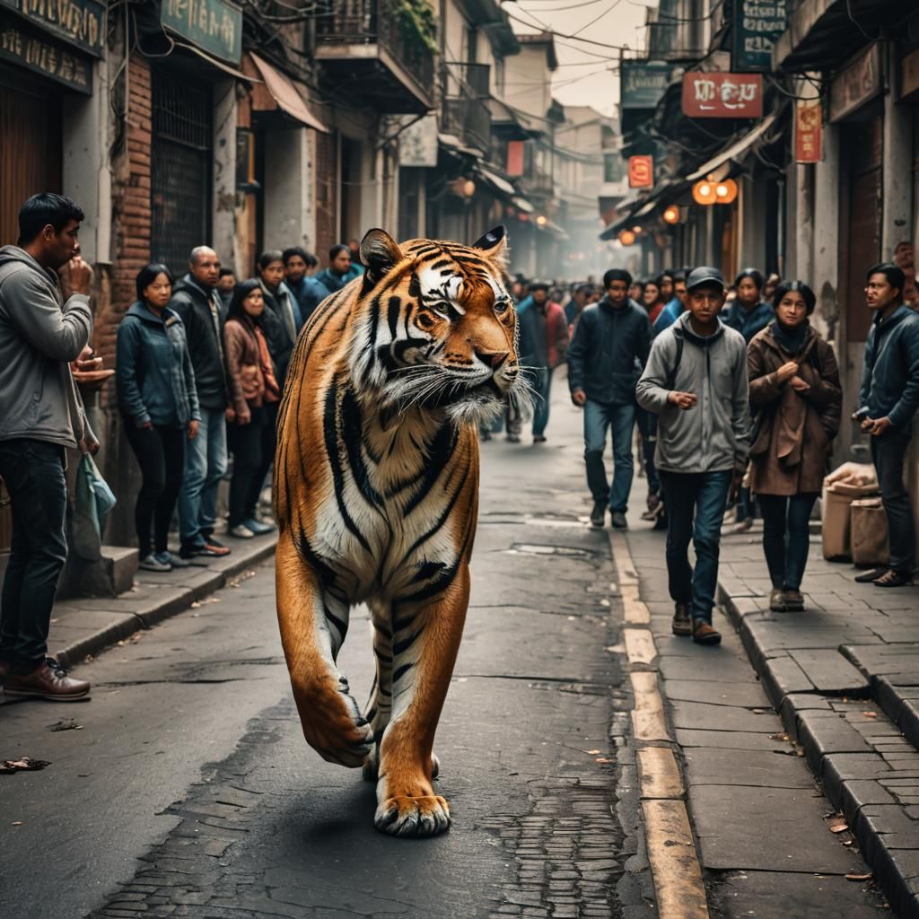 Tiger Strolls Down City Street in Hyperrealistic Style