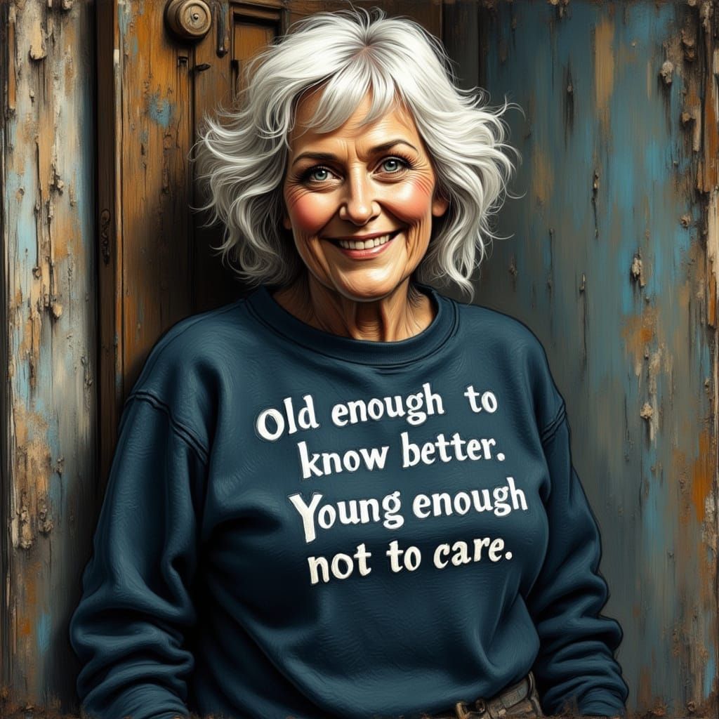 Elderly Woman's Grin in Romantic Decay Aesthetic