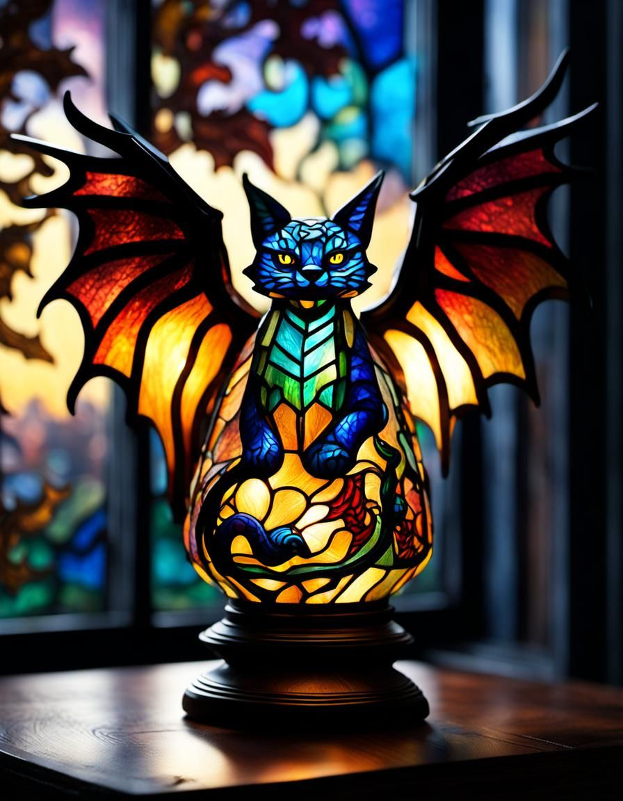 Ornate Stained Glass Dragon-Cat Lantern