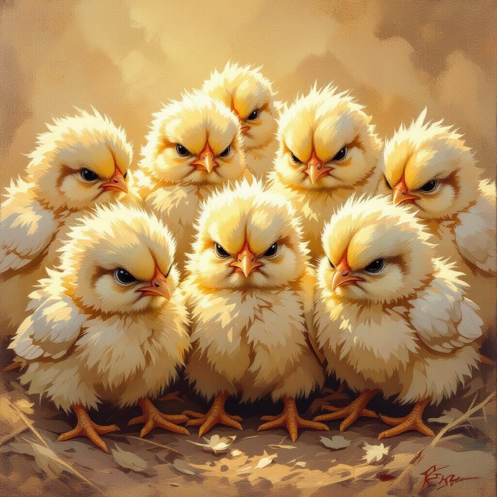 Grumpy Chicks in Impressionist Oil Painting