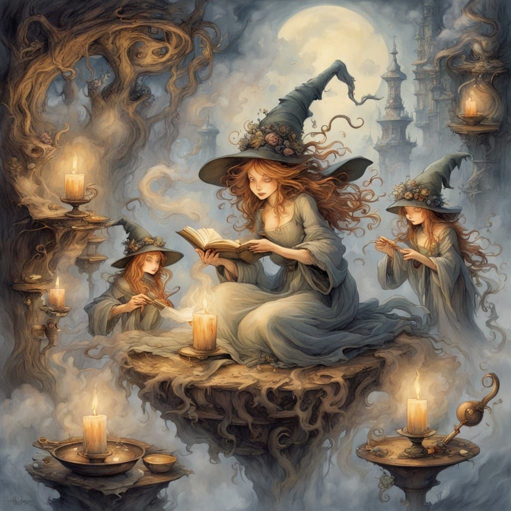Whimsical Witches in Mystical Fog