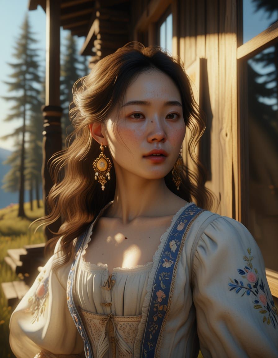 Korean Woman Outside Cabin in Baroque Style