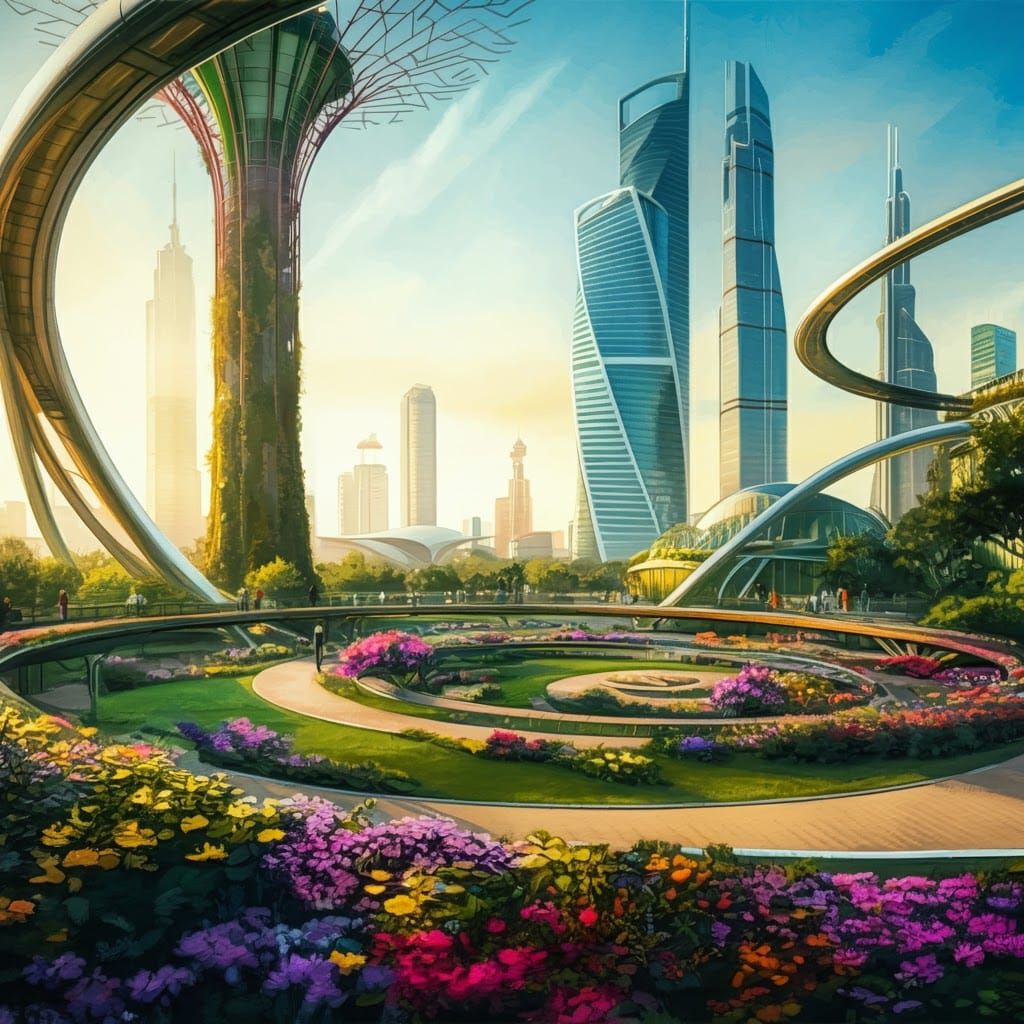 Futuristic Cityscape: Nature Meets Technology in Gouache