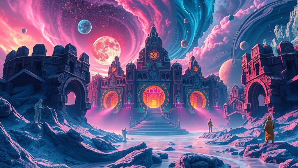 Cosmic Temple of Wonder in Vibrant, Iridescent Splendor