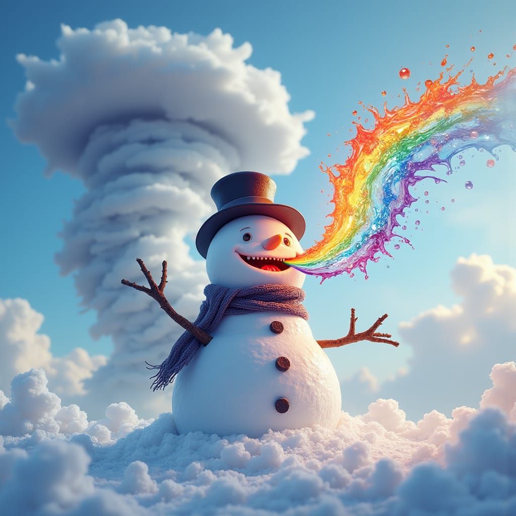 Snowman Eats Rainbow Atop Cloud in Dreamlike Scene