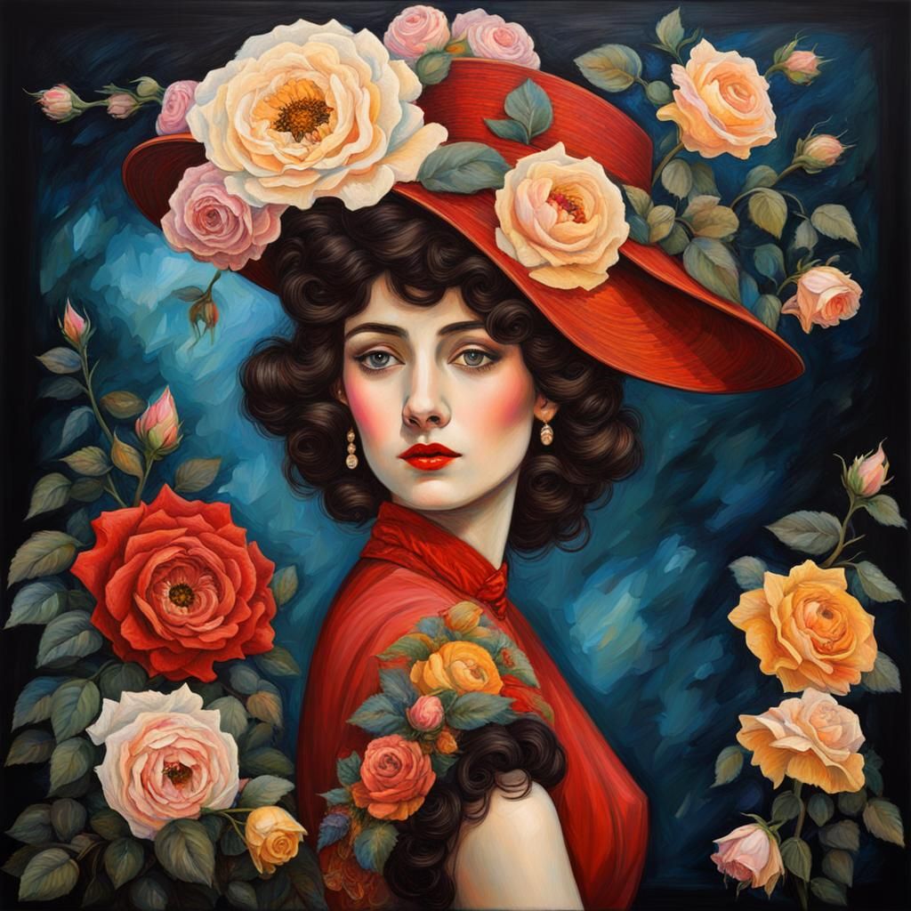 Romantic Lady in Garden, Pre-Raphaelite Style