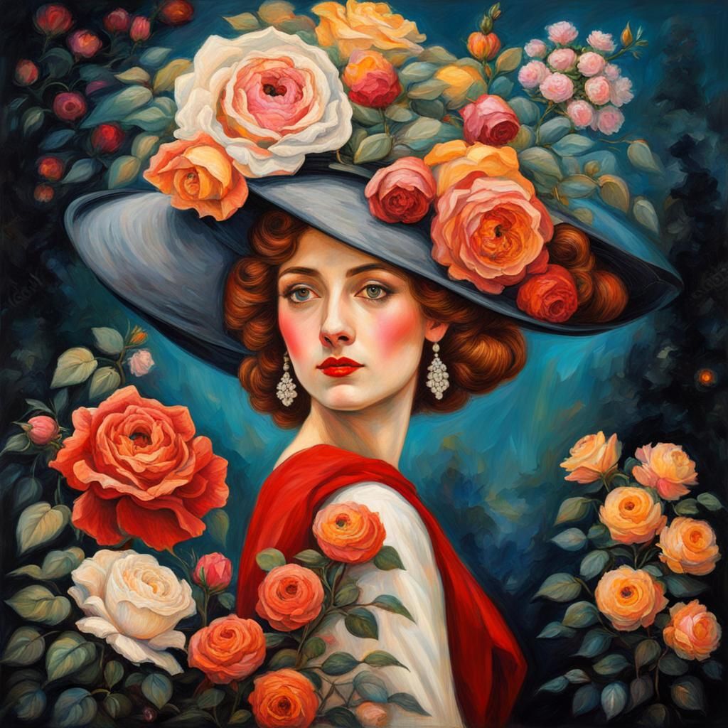 Romantic Lady in Garden, Pre-Raphaelite Style