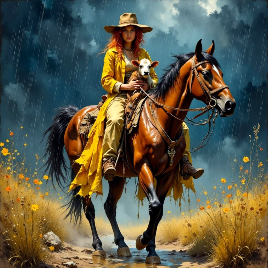 Cowgirl Rescues Calf in Stormy Night Landscape