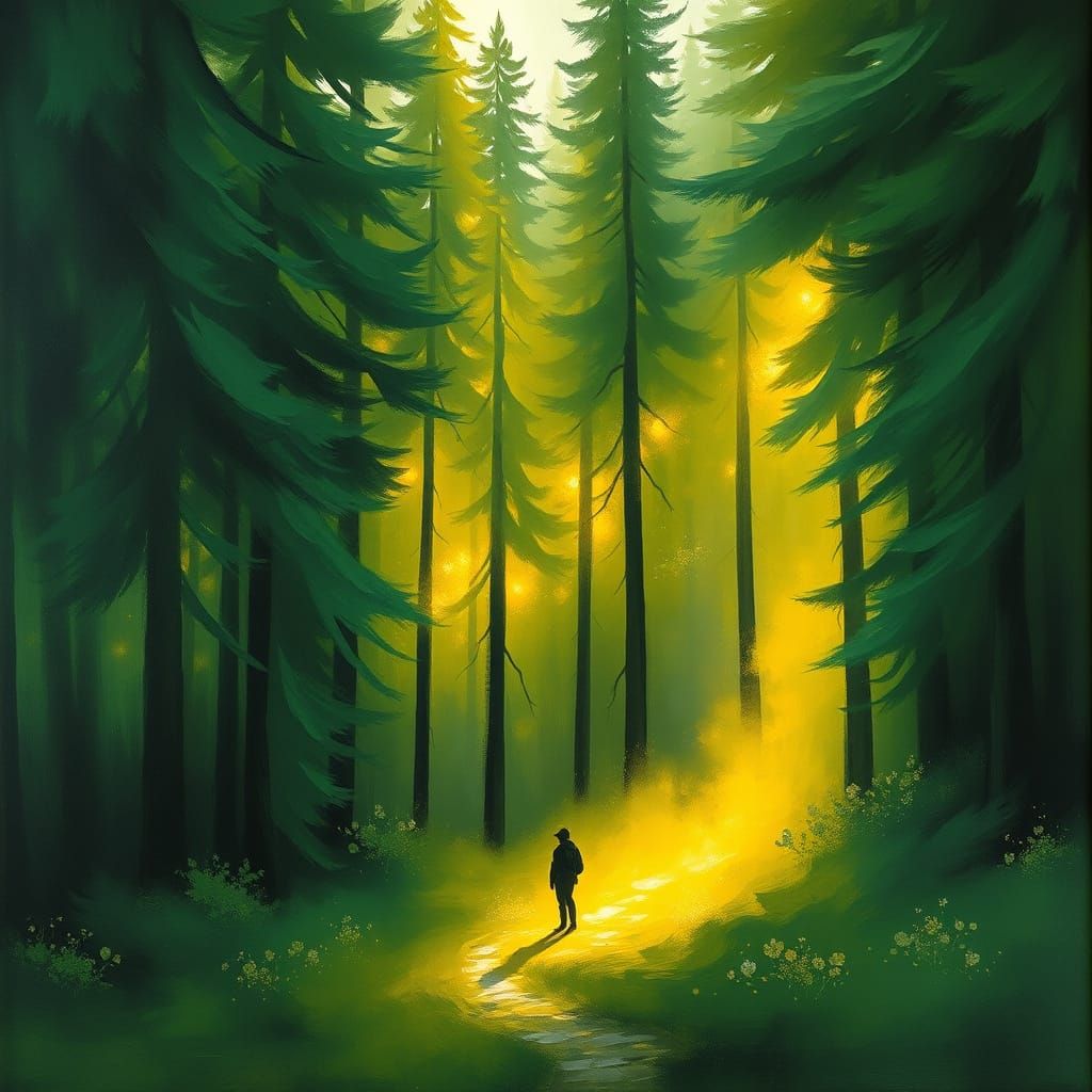 Solitary Figure in Abstract Emerald Forest with Golden Mist