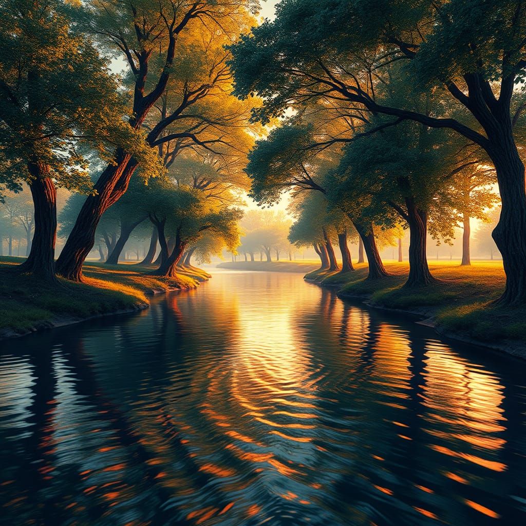 Sunset River Landscape in Hyperrealistic Style