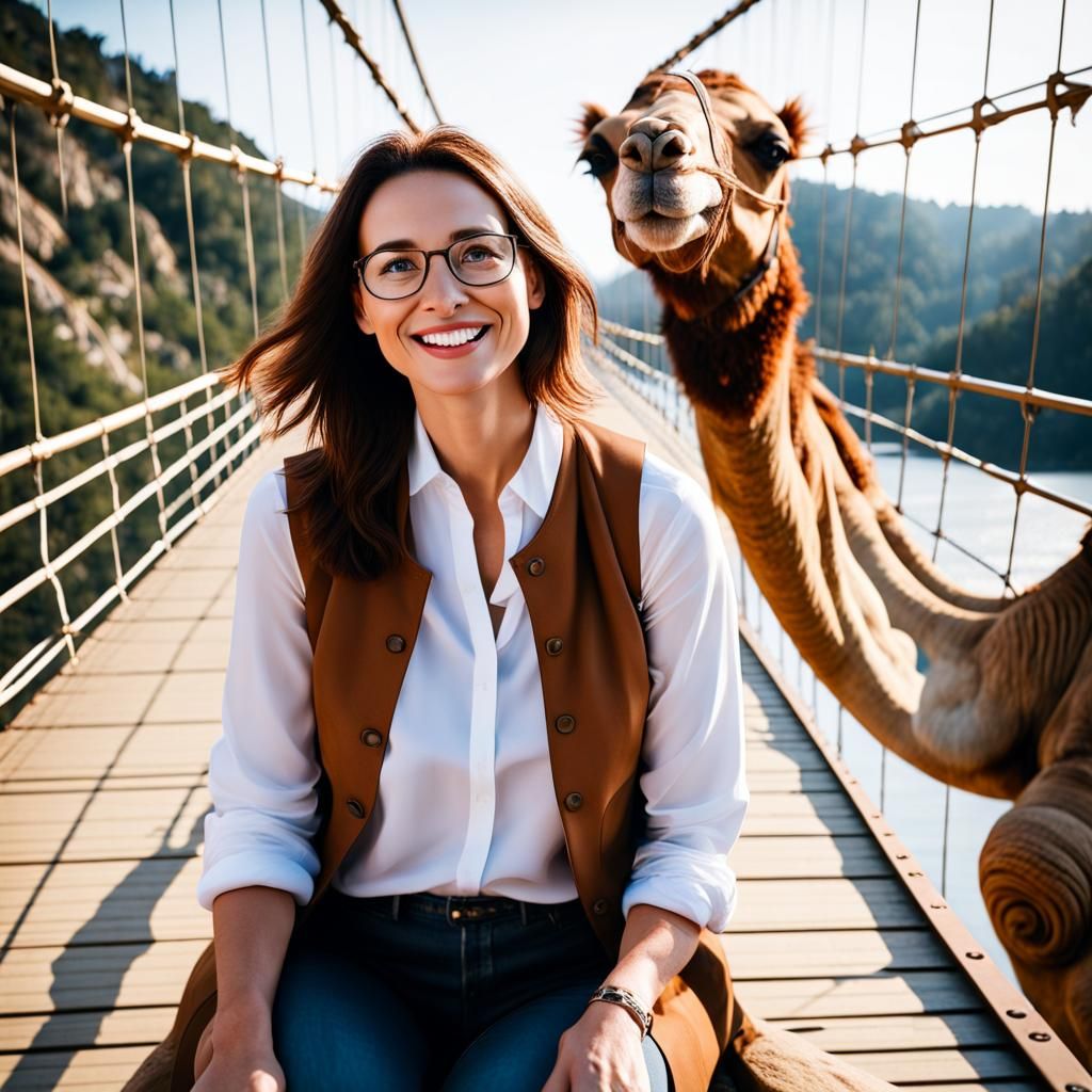 Woman Enjoying Camel Ride on Suspension Bridge
