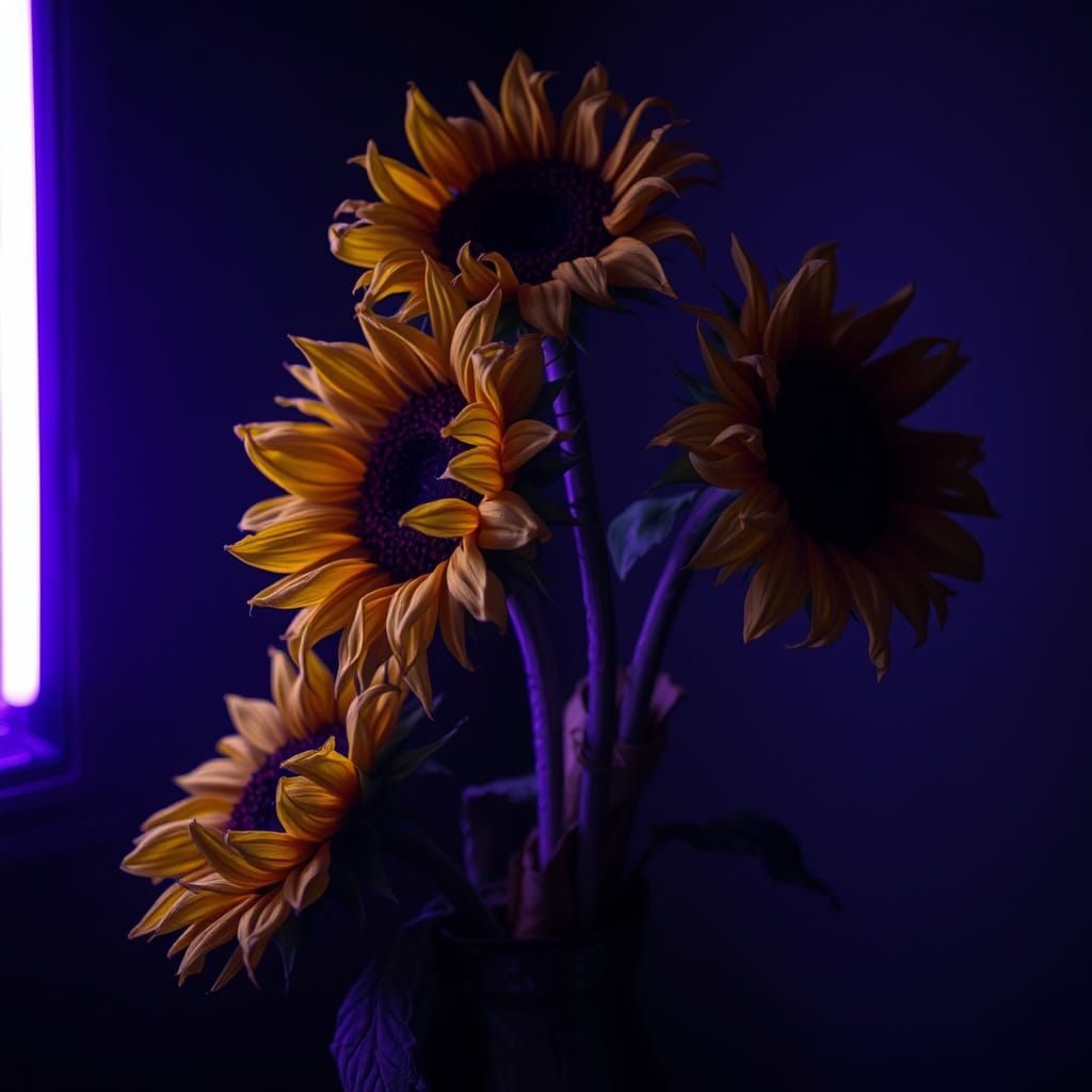 Forgotten Sunflowers in Purple Neon Haze