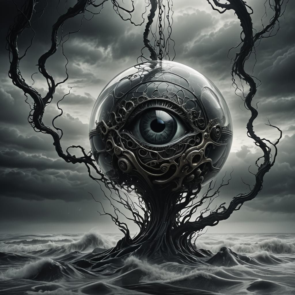 Glass A with Eye and Brain in Dark Fantasy Style