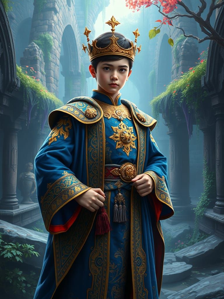 Regal Fantasy King in Luxurious Blue Robes Against Rich Matt...