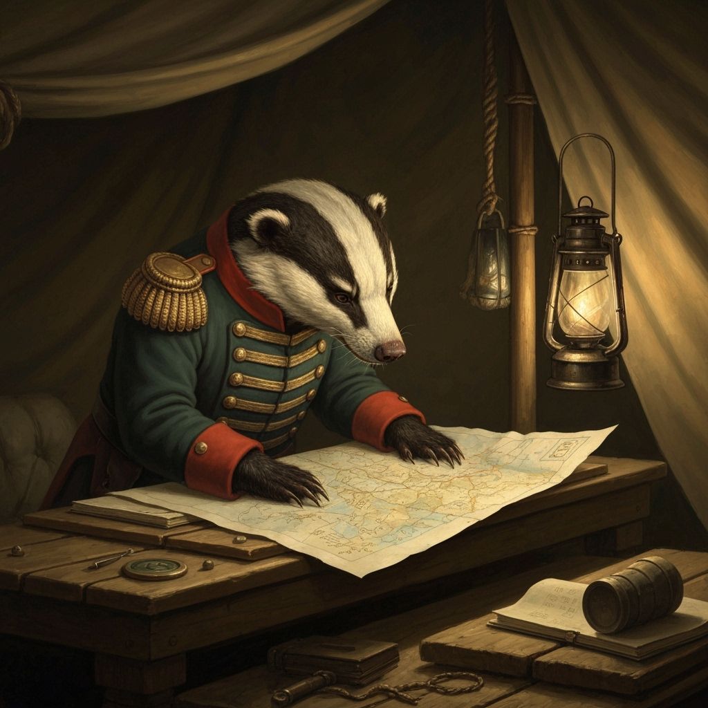 Badger General Studying Map as Oil Painting