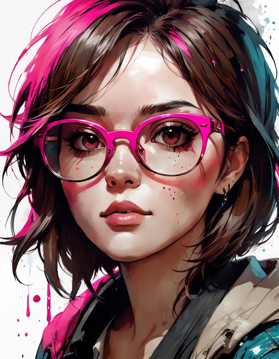 Cute Teen in Pink Glasses, Digital Art Portrait