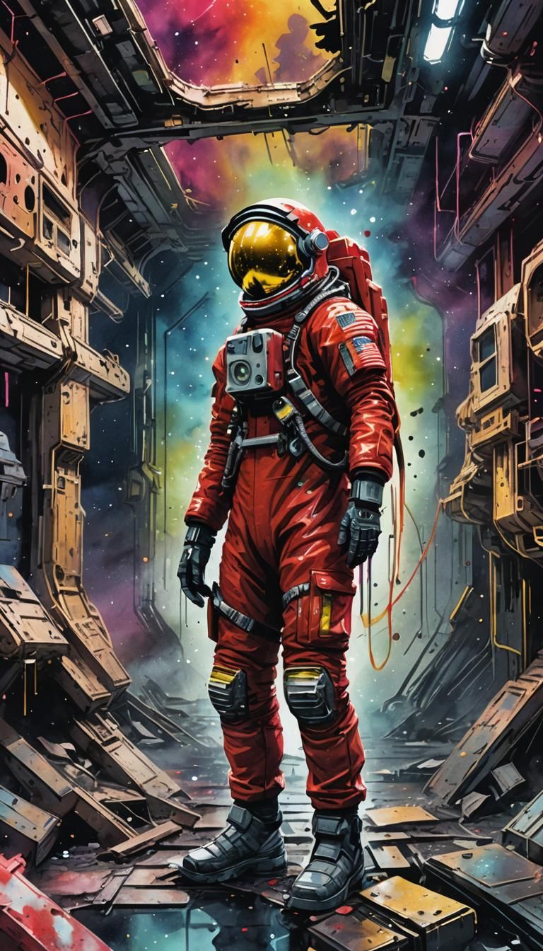 Astronaut on Derelict Station in Graffitipunk Watercolor