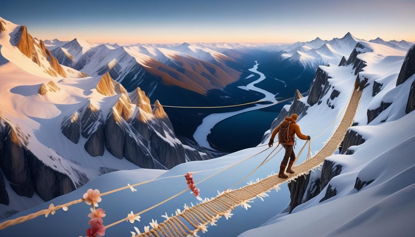 Winter Mountaineer Crossing Delicate Flower Bridge