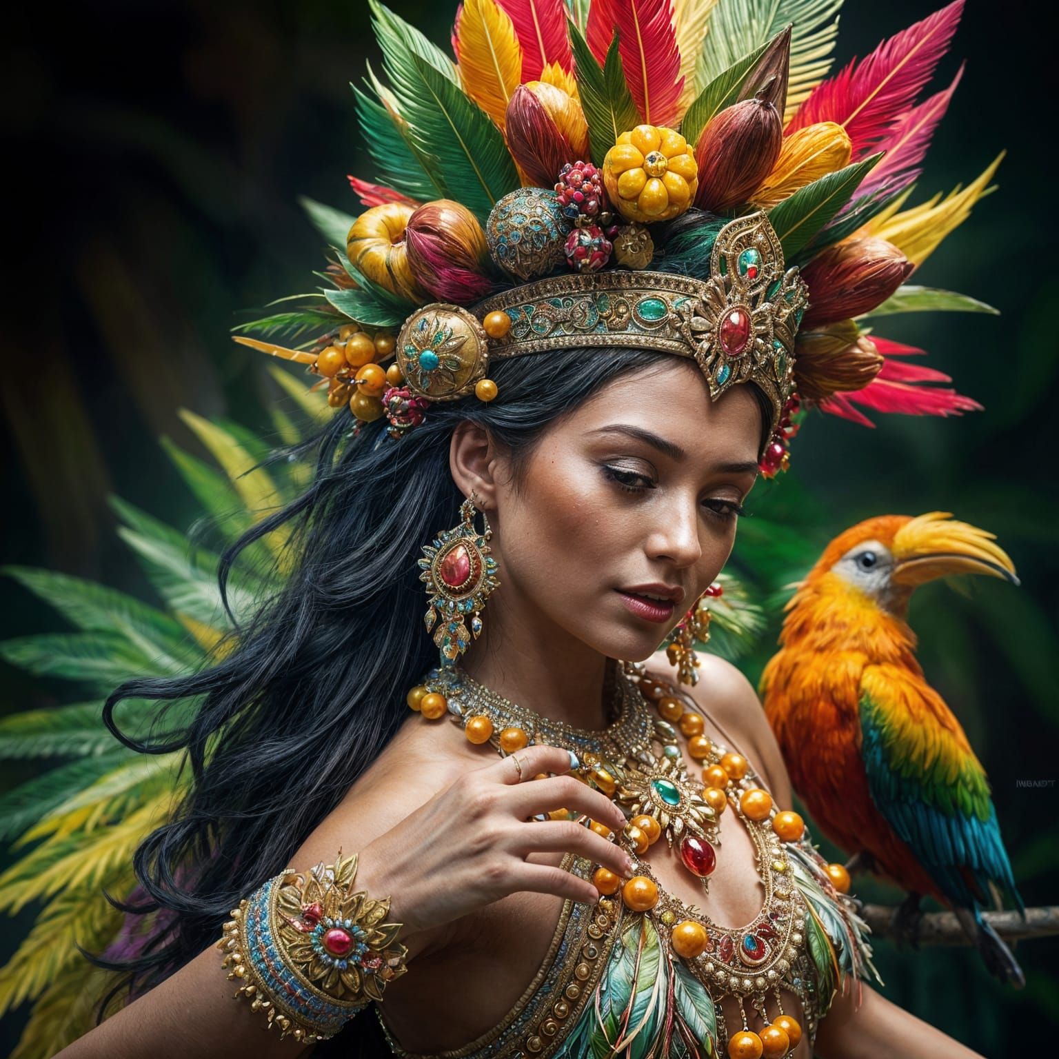 Tropical Princess in Vibrant Fruit and Feather Crown Perform...