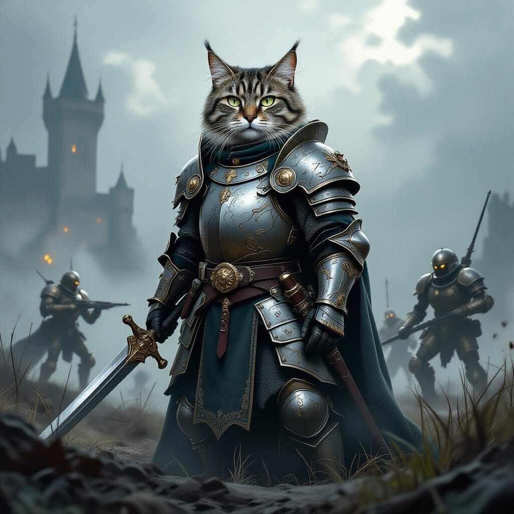 Wise Tabby Cat in Baroque Armor Overseeing Battlefield