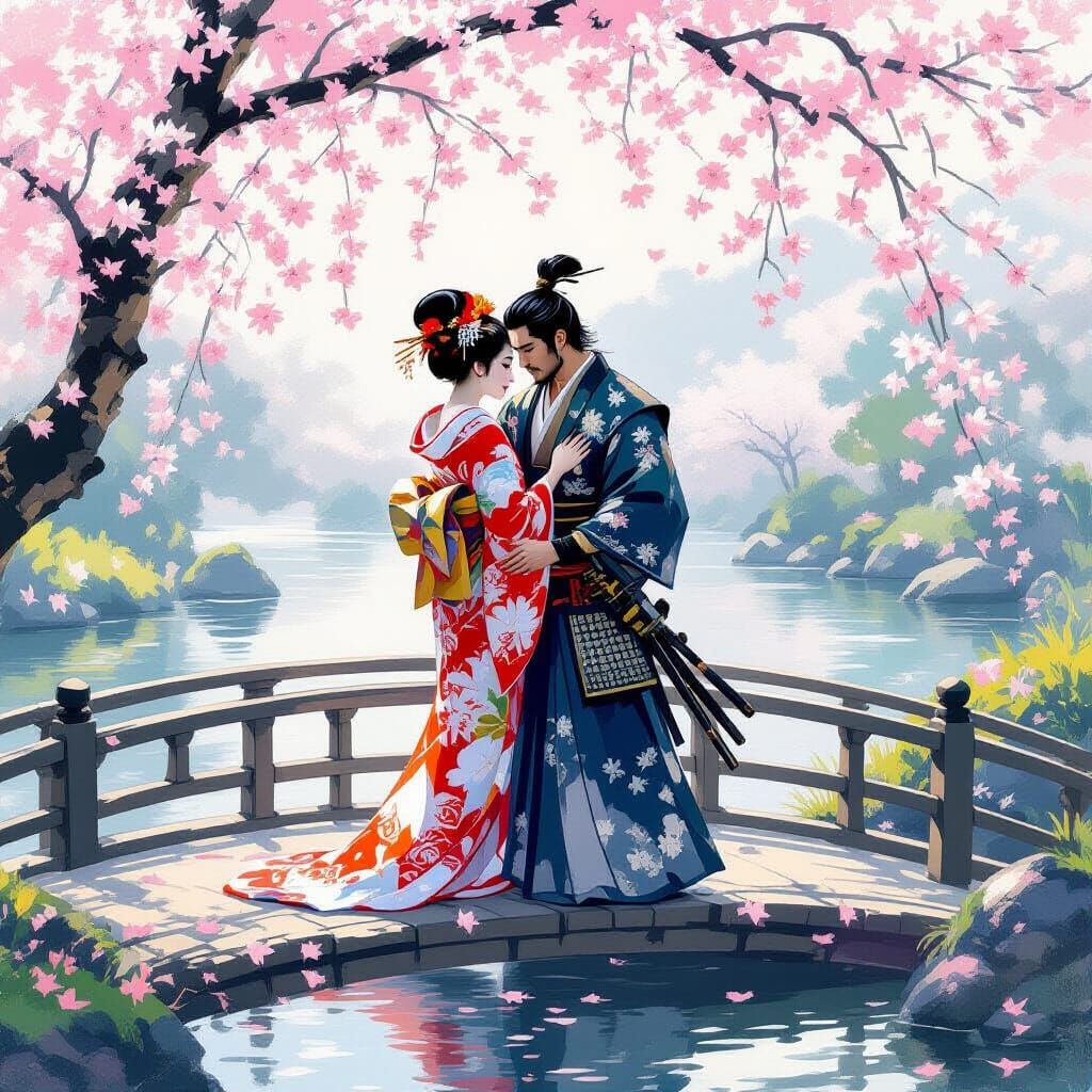 Geisha and Samurai Embrace on Blossom-Lined Japanese Bridge