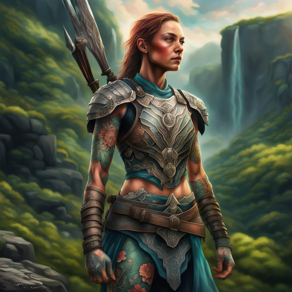 Botanical Tattoos Adorned Female Warrior in Valley