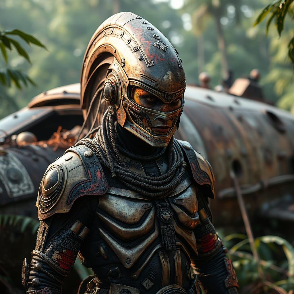 Cyberpunk Aztec Warrior in Rusted Bronze Exosuit