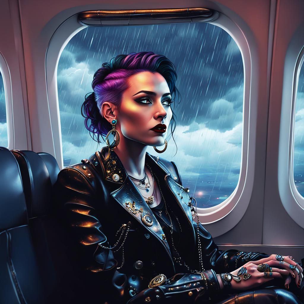 Goth Punk Woman on Airplane in Storm