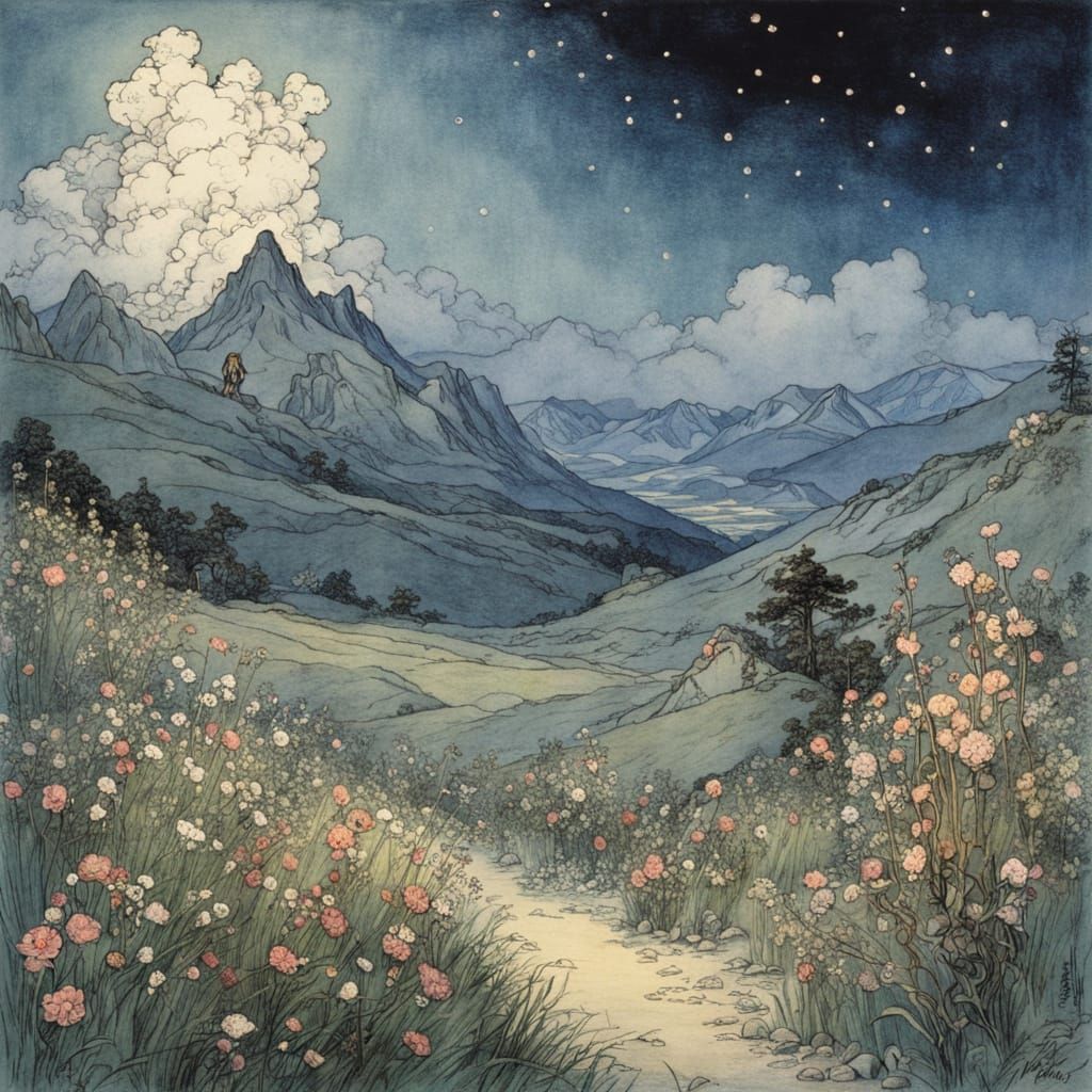 Whimsical Fairytale Landscape Under Starry Skies
