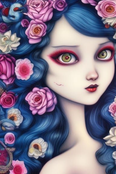 Girl with Flowers: Whimsical 3D Rendering in Lowbrow Style