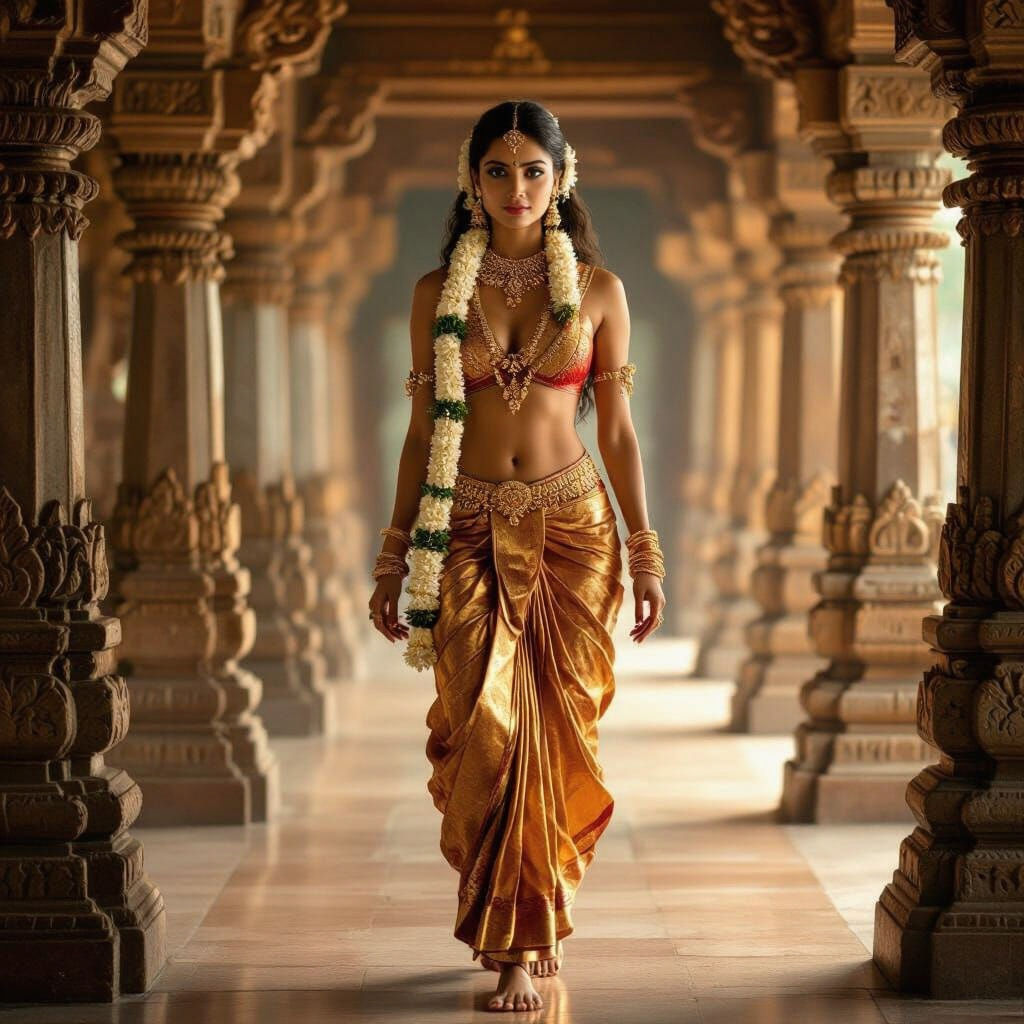 Glamorous South Indian Woman in Temple Corridor