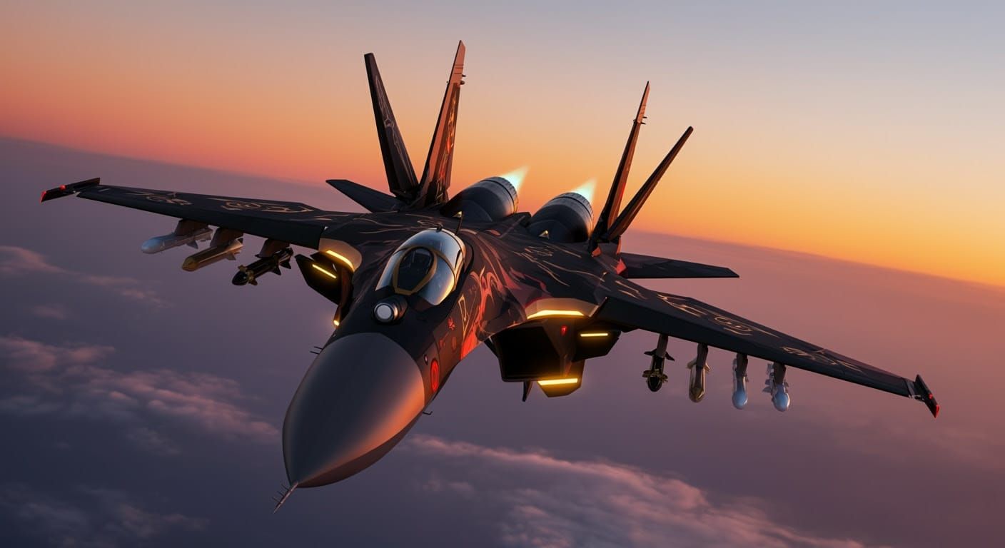 Surreal Cyberpunk Fighter Jet with Magical Runes Blazing int...