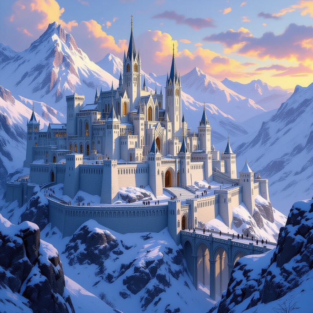 Majestic Medieval City in Snow-Capped Mountains