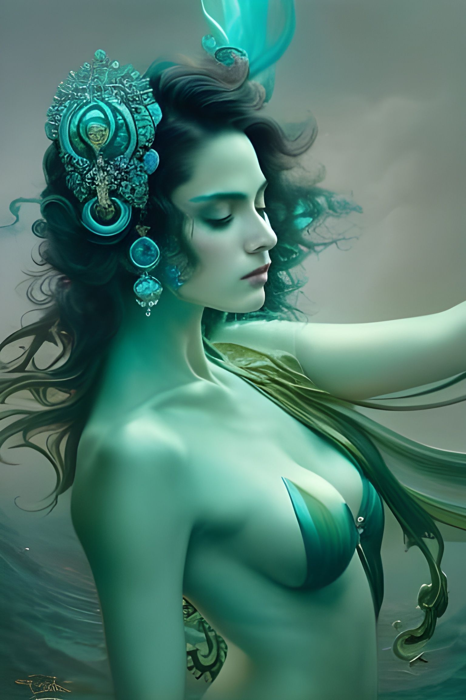 Opalescent Sea Goddess Portrait with Liquid Hair