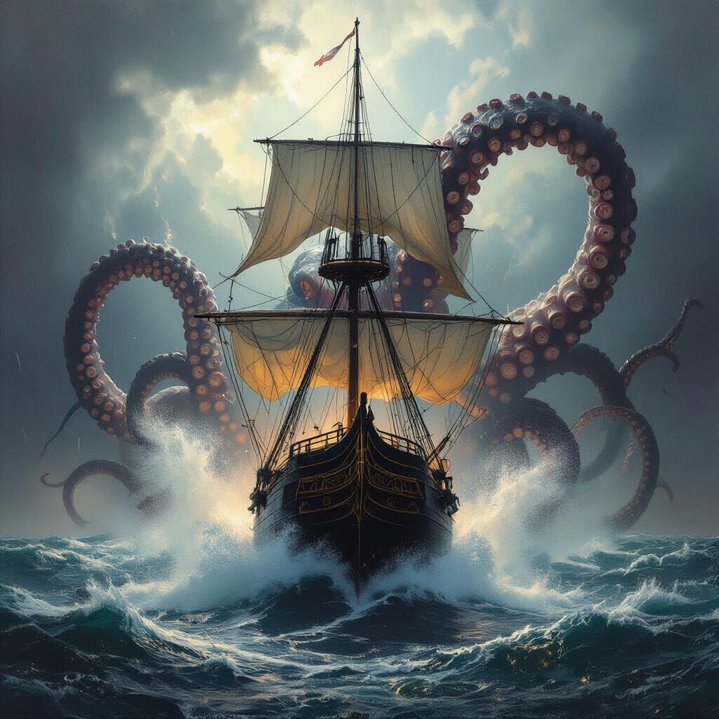 Three-Masted Ship Attacked by Kraken in Stormy Seas