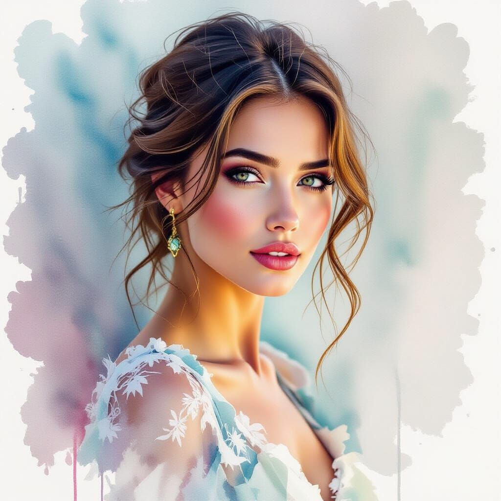 Ethereal Woman Portrait in Expressive Watercolor Style