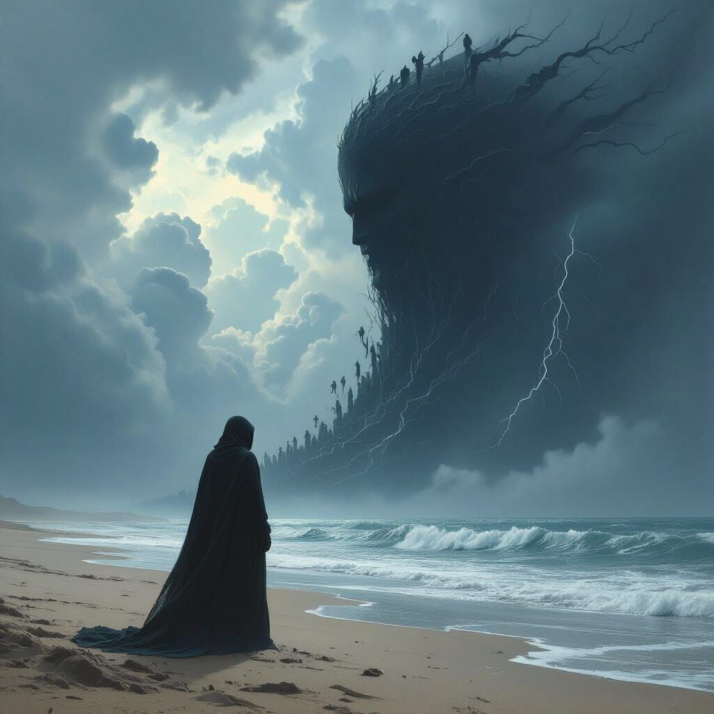 Surreal Wave of Shadows on a Barren Shore