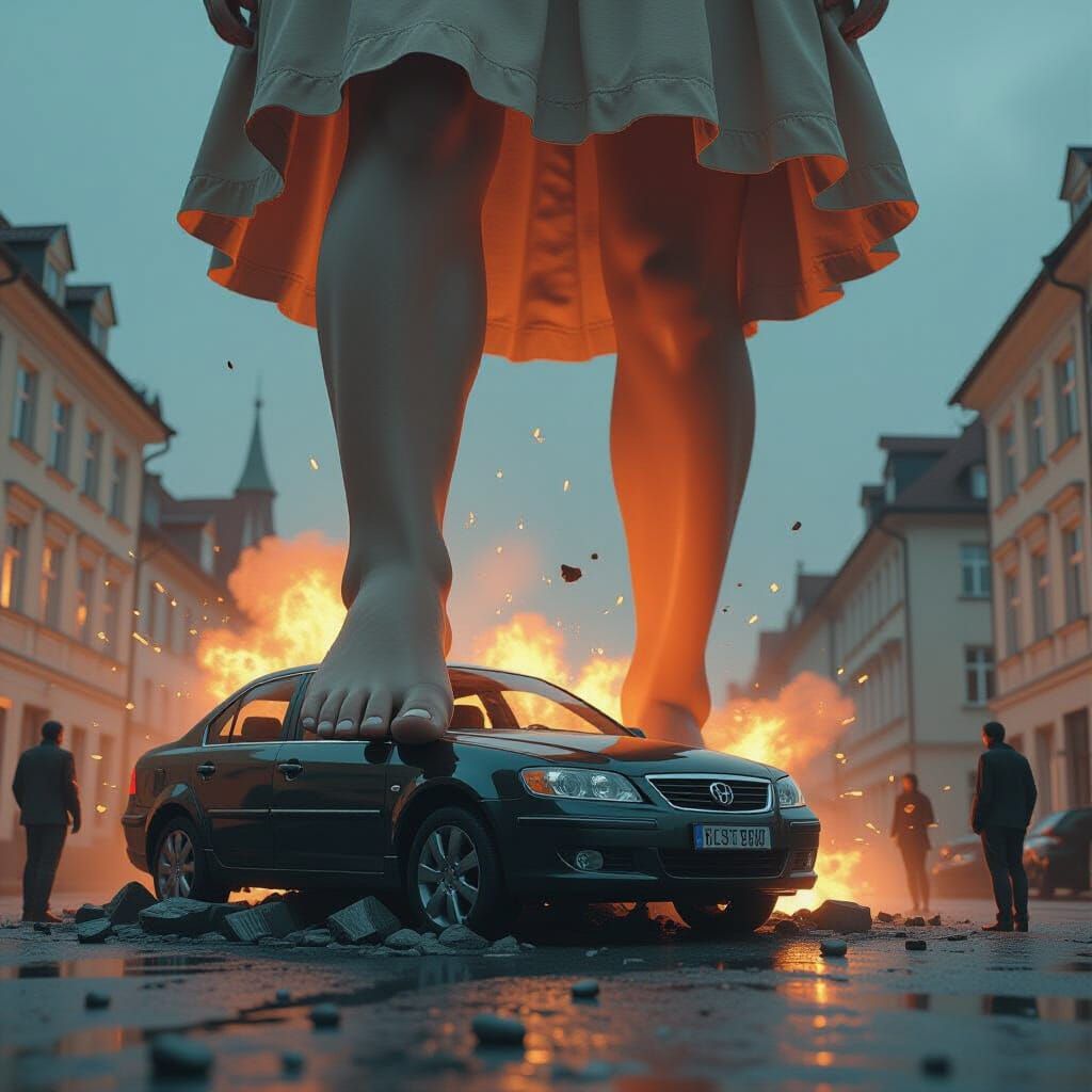 Giantess Crushes Car and People Under Bare Foot