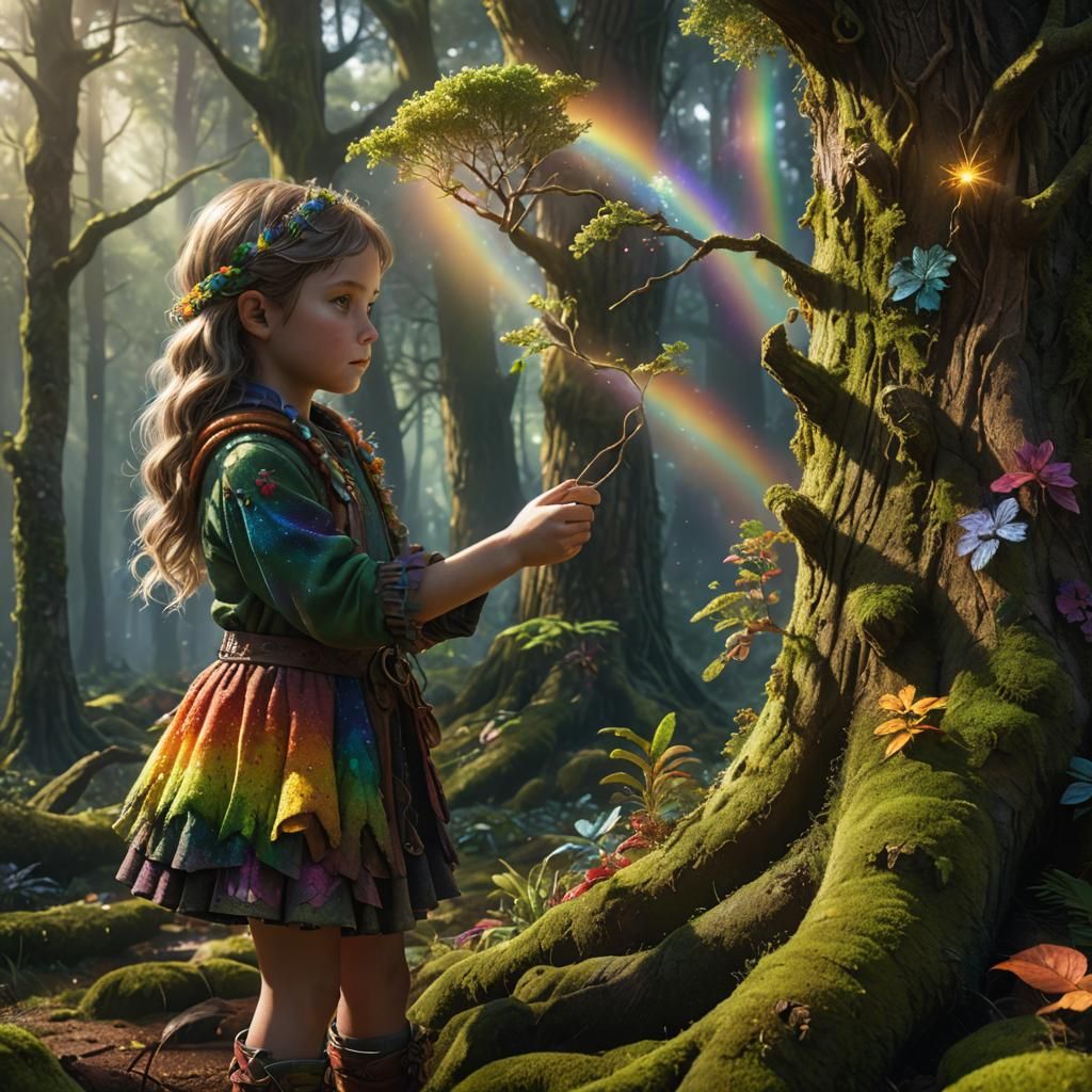 Girl Touches Magical Rainbow Tree in Fantasy Woodland