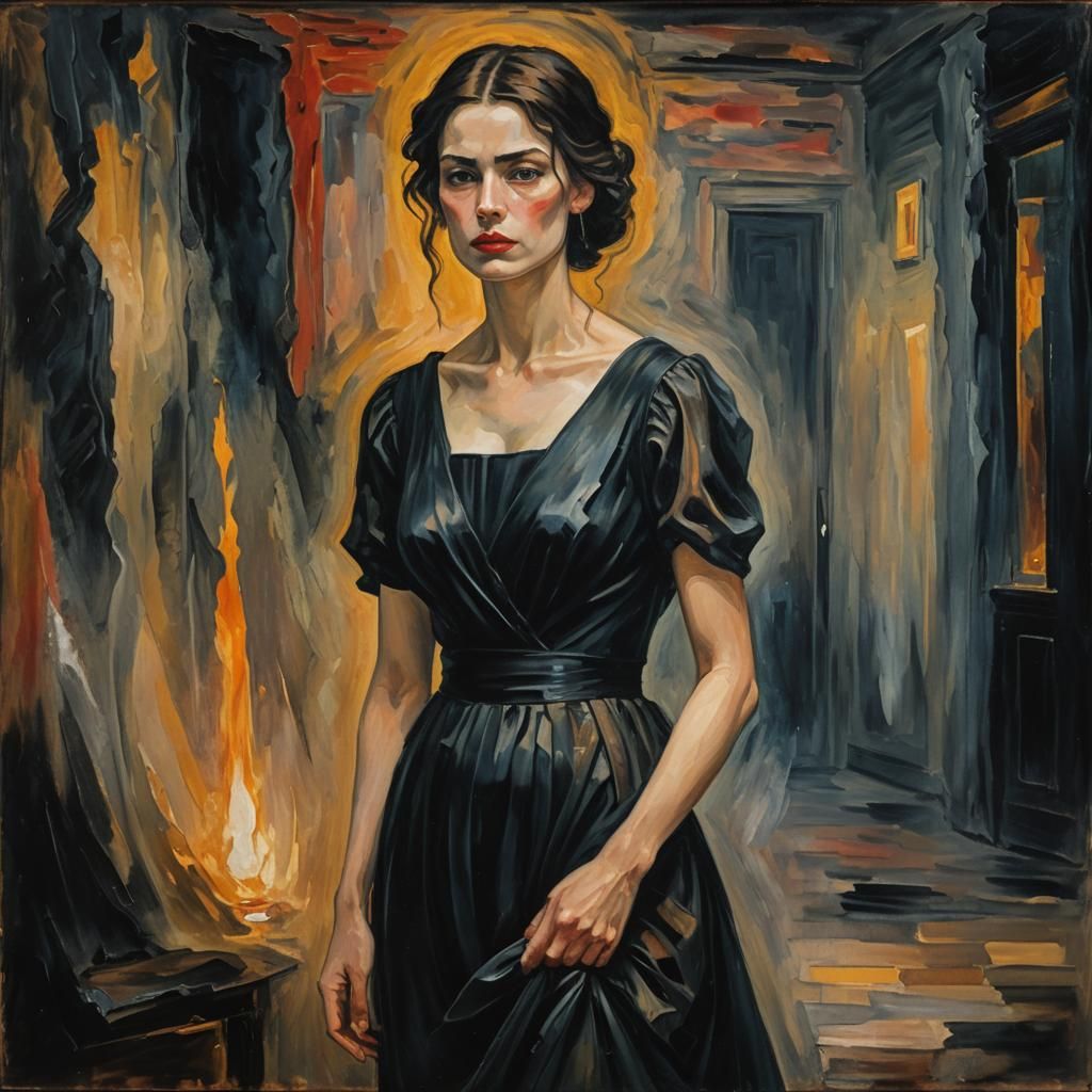 Woman in Black Dress: Neo-Impressionist Oil Painting