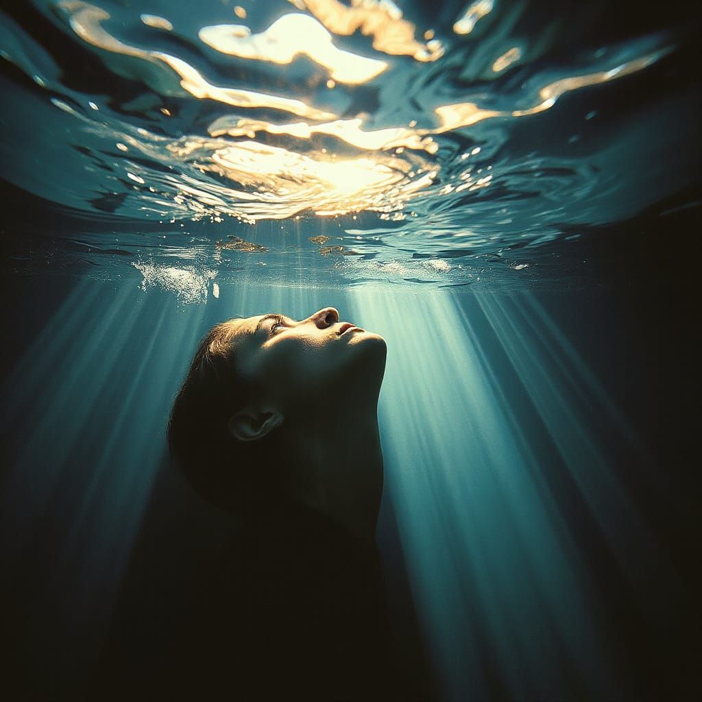 Underwater Head Looking Up Towards Light Rays