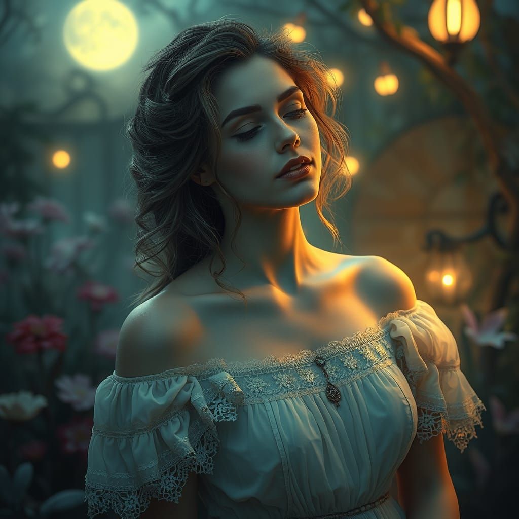 Serene Woman in Moonlit Garden Art