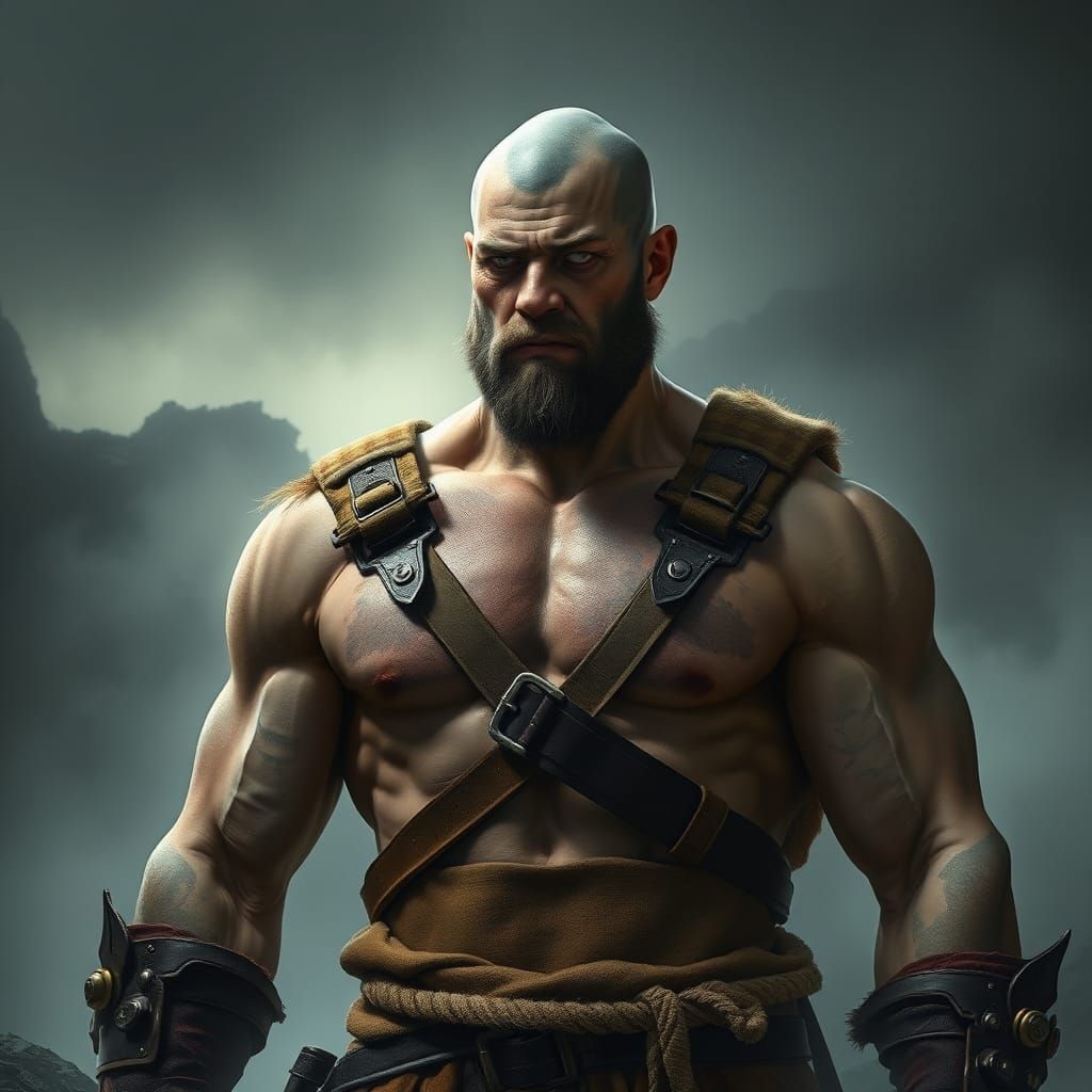 Hyperdetailed Barbarian in Misty Landscape
