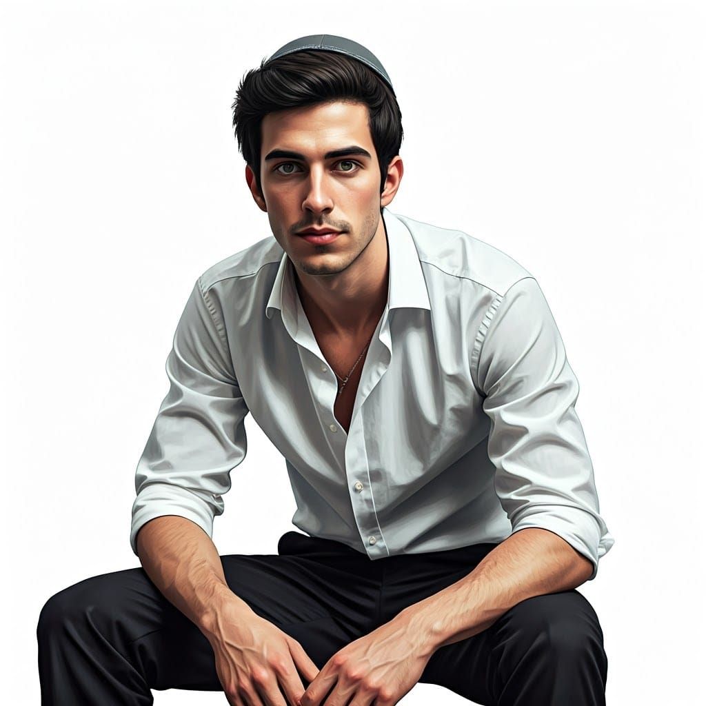 Young Man in Elegant Pose with Gray Kippah