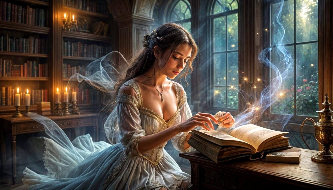 Woman Opens Book, Releasing Ethereal Fantasy Stories