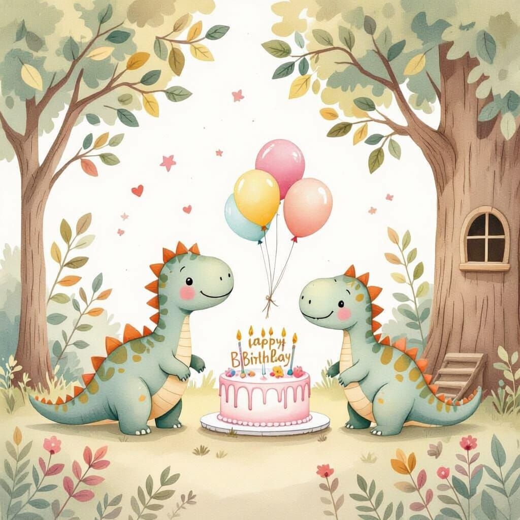 Whimsical Dinosaurs Celebrate Birthday in Watercolor Style