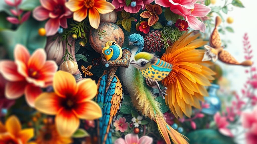 Whimsical Nature Dance in Vibrant Watercolor and Pastel Hues