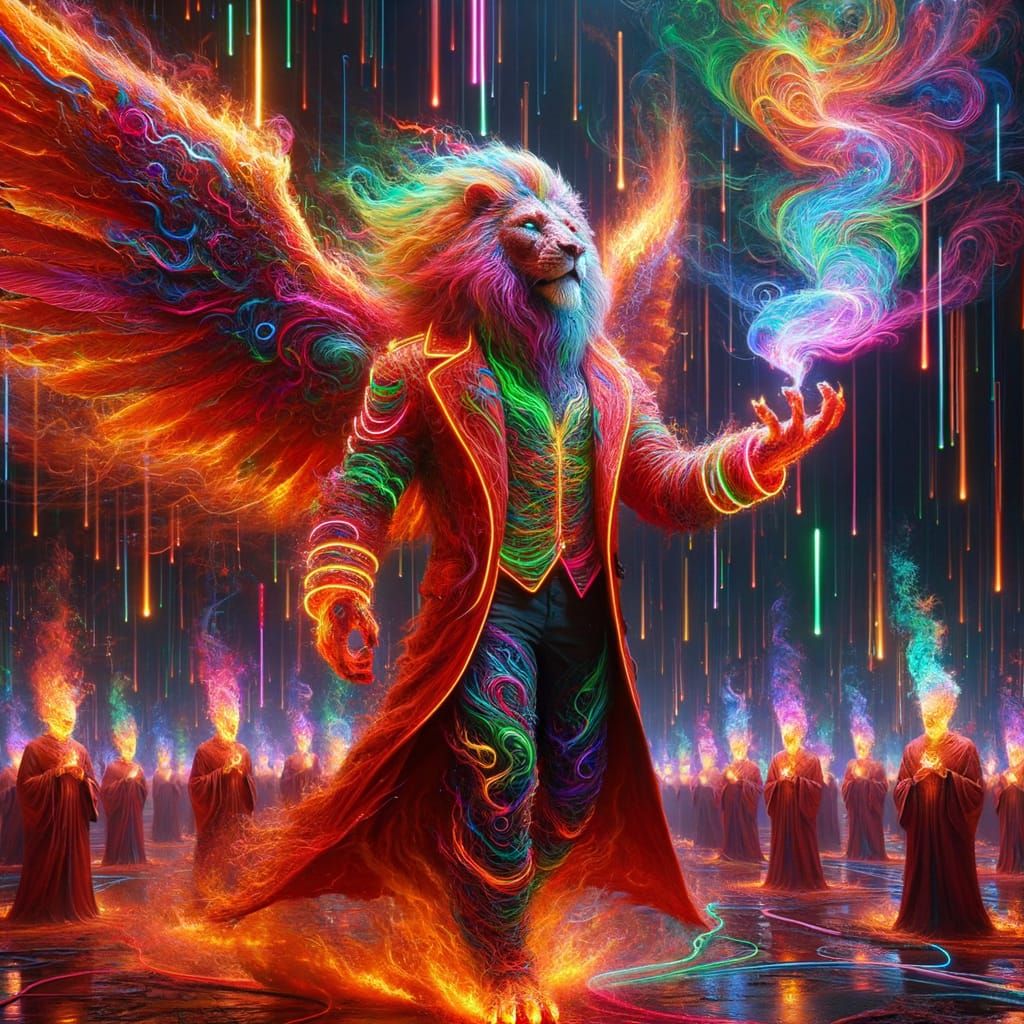Winged Lion Conjuring Multicolored Energy in Eerie Scene