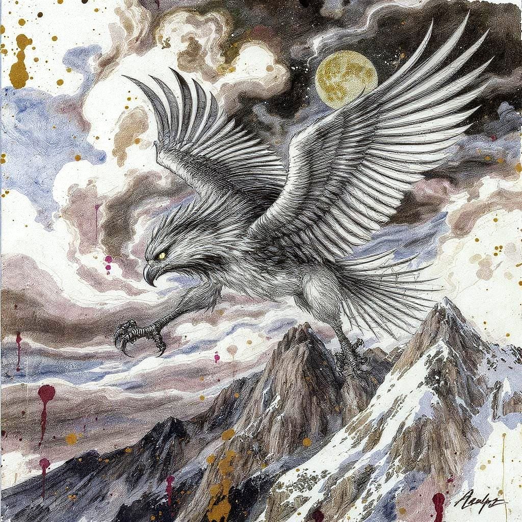 Majestic Griffon Soaring Above Snowy Peaks in Art Nouveau St...